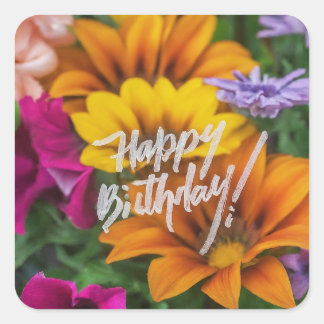 Sticker Carré Joyeux Anniversaire Fleurs de printemps colorées v