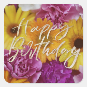 Sticker Carré Joyeux Anniversaire Fleurs de printemps Vibrantes