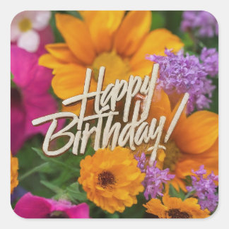 Sticker Carré Joyeux Anniversaire Fleurs de printemps Vibrantes