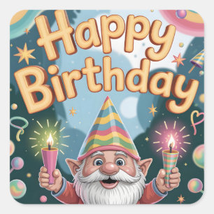 Sticker Carré Joyeux Anniversaire Gnome Salutation