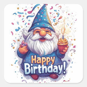 Sticker Carré Joyeux anniversaire Gnome : Whimsical Birthday Des