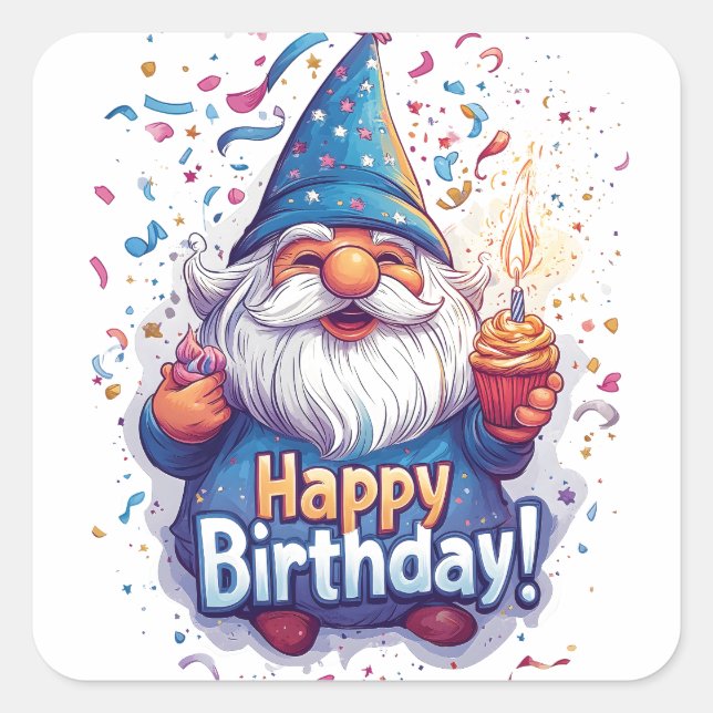 Sticker Carré Joyeux anniversaire Gnome : Whimsical Birthday Des (Devant)