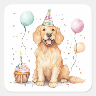 Sticker Carré Joyeux Anniversaire Golden Retriever Chien