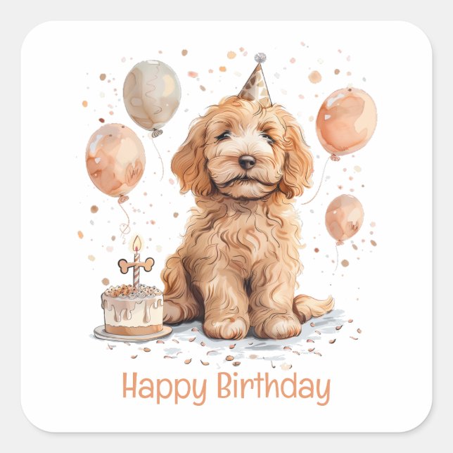 Sticker Carré Joyeux Anniversaire Goldendoodle Chien Birthday Ca (Devant)