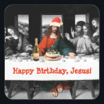 Sticker Carré Joyeux anniversaire, Jésus ! Funny Christmas<br><div class="desc">Joyeux anniversaire,  Jésus ! Funny Remake of last souper of Leonardo,  Christmas theme with Jesus a Santa rouge,  bottle of champagne and Christmas cake.</div>