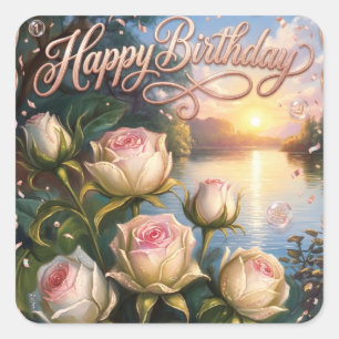 Sticker Carré Joyeux Anniversaire Lac du Coucher de Soleil avec