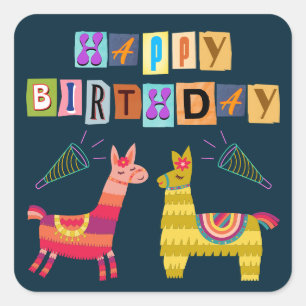Sticker Carré Joyeux anniversaire Lama Rétro Lettres de Papier