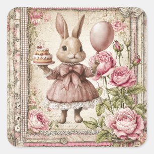 Sticker Carré Joyeux anniversaire lapin rose mignon 