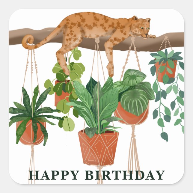 Sticker Carré Joyeux anniversaire, Leopard dormir avec les plant (Devant)