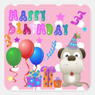 Sticker Carré Joyeux anniversaire mignon chiot avec gâteau et ca