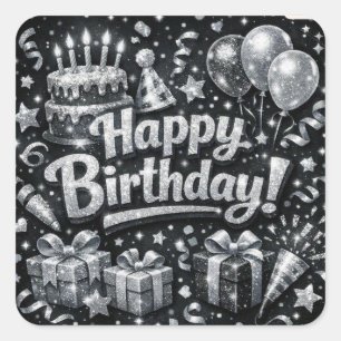 Sticker Carré Joyeux Anniversaire Noir Et Argent