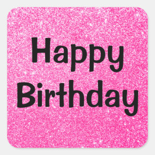 Sticker Carré Joyeux Anniversaire Noir Rose Chaud Paillettes Éti