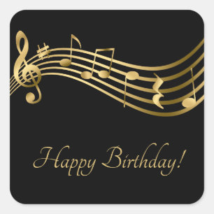 Sticker Carré Joyeux Anniversaire Notes musicales Black&Gold Ele