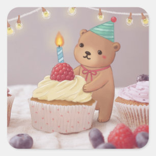 Sticker Carré Joyeux Anniversaire : Ourson en peluche & Gâteaux