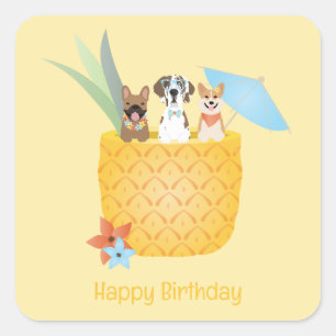 Sticker Carré Joyeux Anniversaire Pina Colada Chiens d'ananas