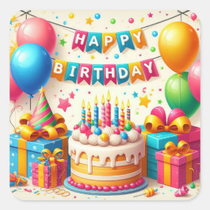 Sticker Carré Joyeux anniversaire pour les enfants - Ballons col