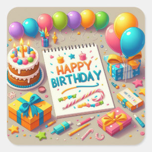 Sticker Carré Joyeux anniversaire pour les enfants - Ballons col