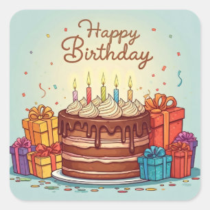 Sticker Carré Joyeux anniversaire pour les enfants - Gâteau cade