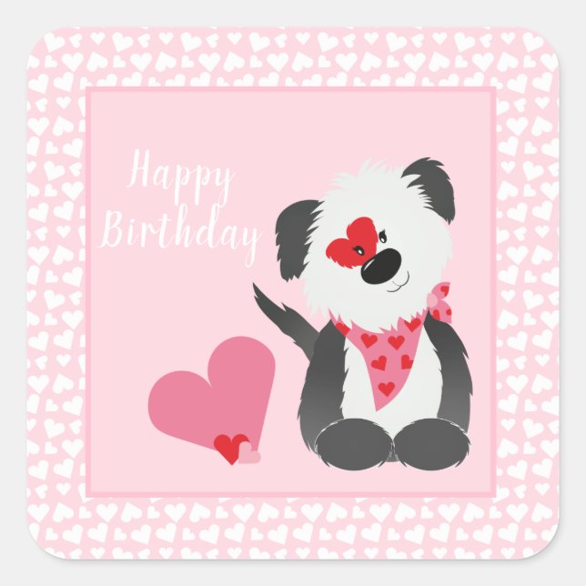 Sticker Carré Joyeux anniversaire Puppy Heart Motif rose (Devant)