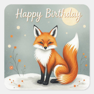 Sticker Carré Joyeux Anniversaire Renard Brun Forêt Mignonne