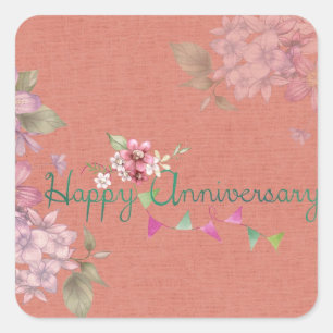 Sticker Carré Joyeux anniversaire rose floral