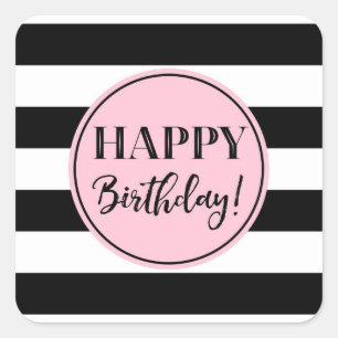 Sticker Carré Joyeux Anniversaire rose noir rayures Carré Sti