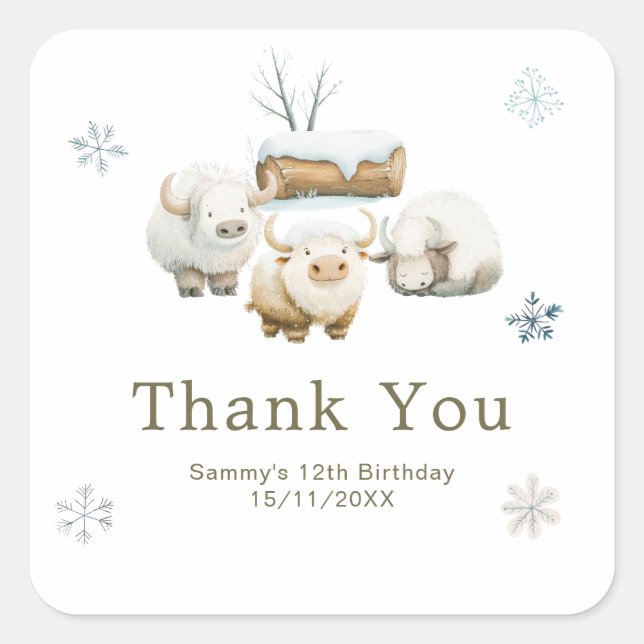 Sticker Carré Joyeux Anniversaire Vache Arctique Hiver Mignon (Devant)
