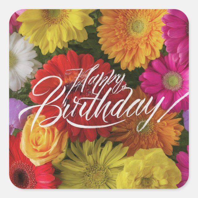 Sticker Carré Joyeux Anniversaire Vibrant Fleurs de Printemps co (Devant)