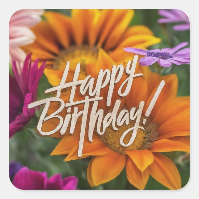 Sticker Carré Joyeux Anniversaire Vibrant Fleurs de Printemps co (Devant)