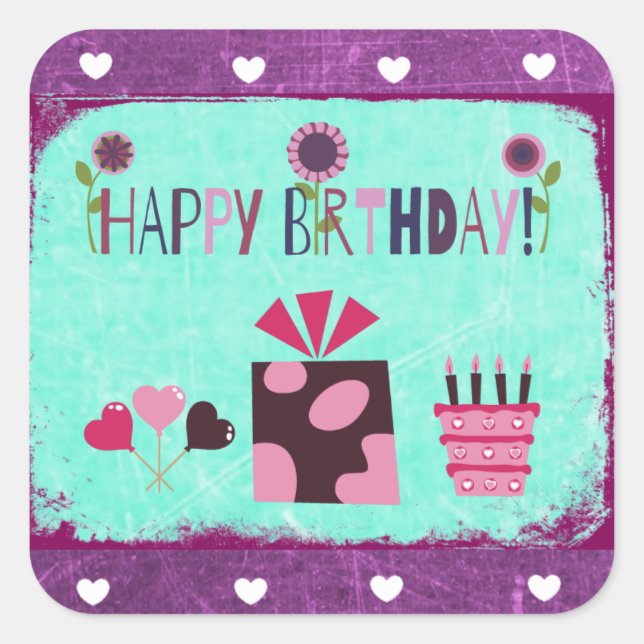 Sticker Carré Joyeux Anniversaire Violet Turquoise Anniversaire  (Devant)