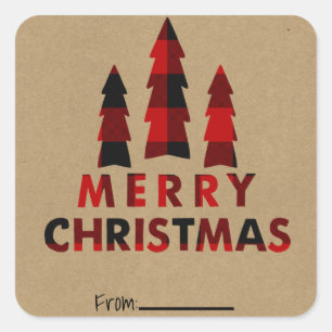 Sticker Carré Joyeux arbres de Noël Rouge Plaid Kraft Type de va
