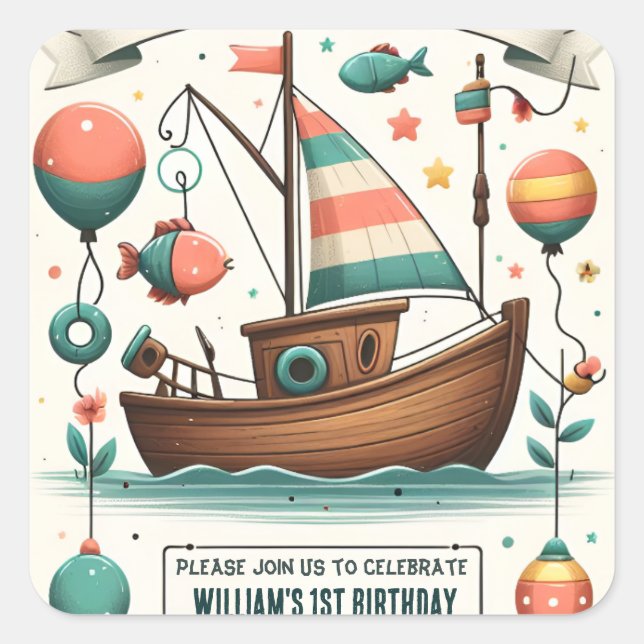 Sticker Carré joyeux bateau mignon garçon Poisson d'un 1er anniv (Devant)