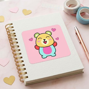 Sticker Carré Joyeux bébé ours en peluche souriant avec coeur d'
