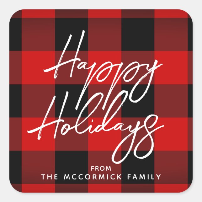 Sticker Carré Joyeux Buffalo Plaid Red Black Script (Devant)