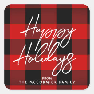 Sticker Carré Joyeux Buffalo Plaid Red Black Script