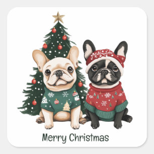 Sticker Carré Joyeux Buldogs français de Noël