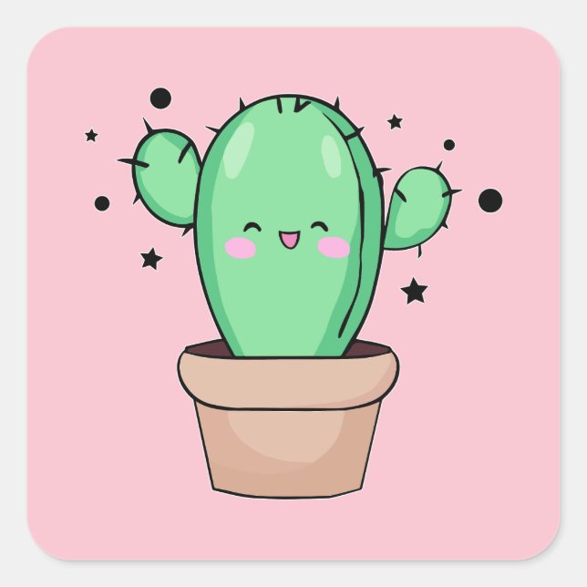 Sticker Carré Joyeux cactus bébé souriant dans le vase avec les  (Devant)
