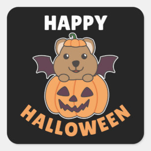 Sticker Carré Joyeux Carré Citrouille de Chat Quokka Halloween