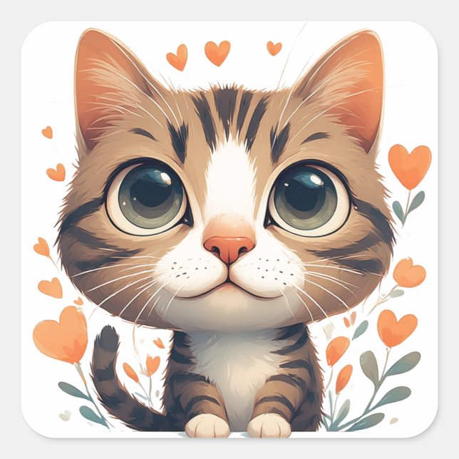 Sticker Carré Joyeux Chat Surrounded By Cœurs Et Fleurs 🌸 (Devant)