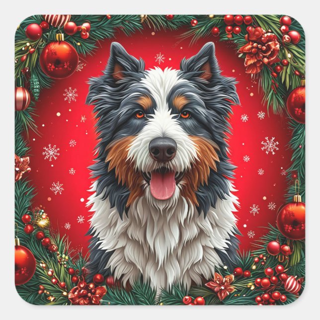 Sticker Carré Joyeux chien de Noël (Devant)