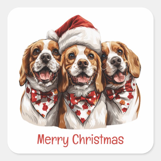 Sticker Carré Joyeux Chiens Beagles de Noël (Devant)