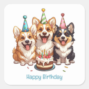 Sticker Carré Joyeux Chiens de Corgi d'anniversaire