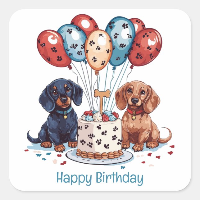 Sticker Carré Joyeux Chiens de Dachshund Anniversaire (Devant)
