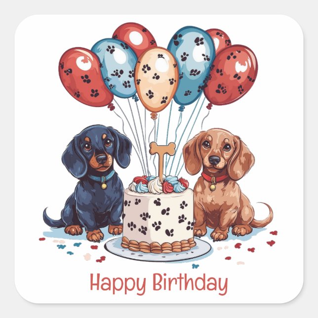 Sticker Carré Joyeux Chiens de Dachshund Anniversaire (Devant)