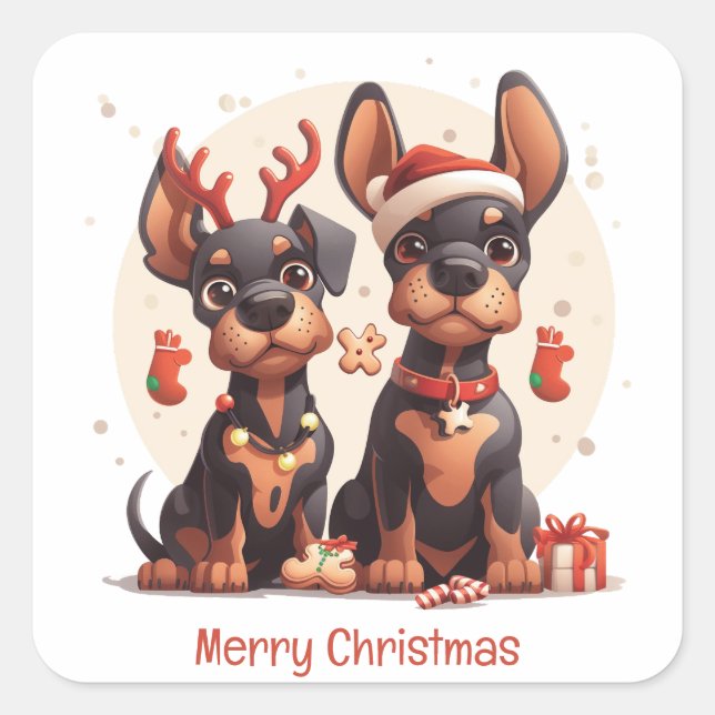 Sticker Carré Joyeux Chiens Dobermann de Noël (Devant)
