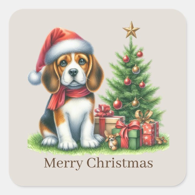 Sticker Carré Joyeux chiot de Noël personnalisable (Devant)