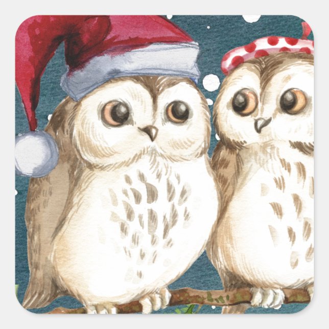 Sticker Carré Joyeux Chouettes de Noël (Devant)