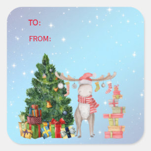 Sticker Carré Joyeux Chris-Élan, Sapin de Noël, Cadeaux de Fêtes