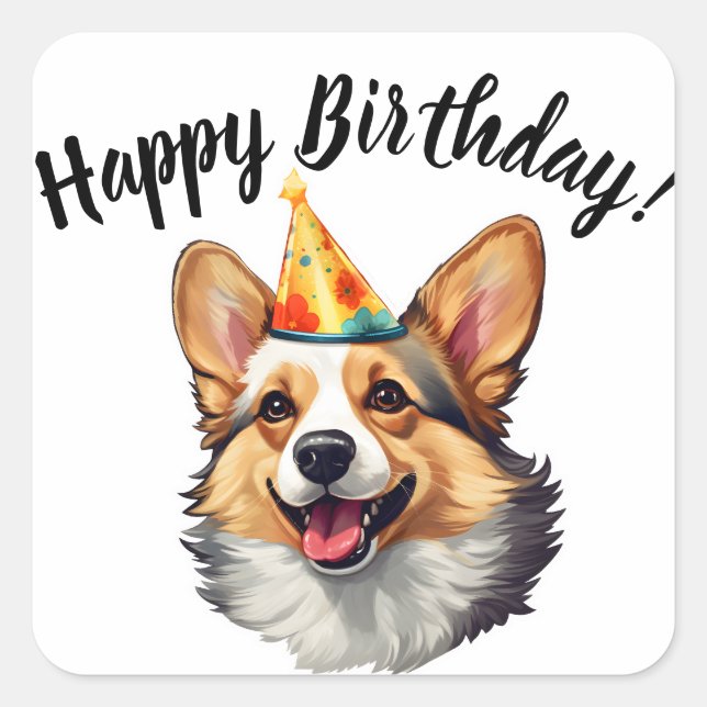 Sticker Carré Joyeux cône d'anniversaire Corgi (Devant)