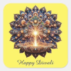 Sticker Carré Joyeux Diwali Blue Gold Diya Festival de la lumièr